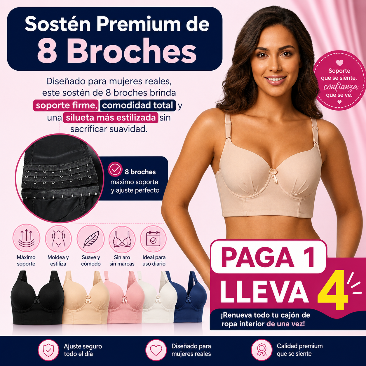 Paga 1 Lleva 4 Brasier Push Up Corrector de Postura con 8 Broches
