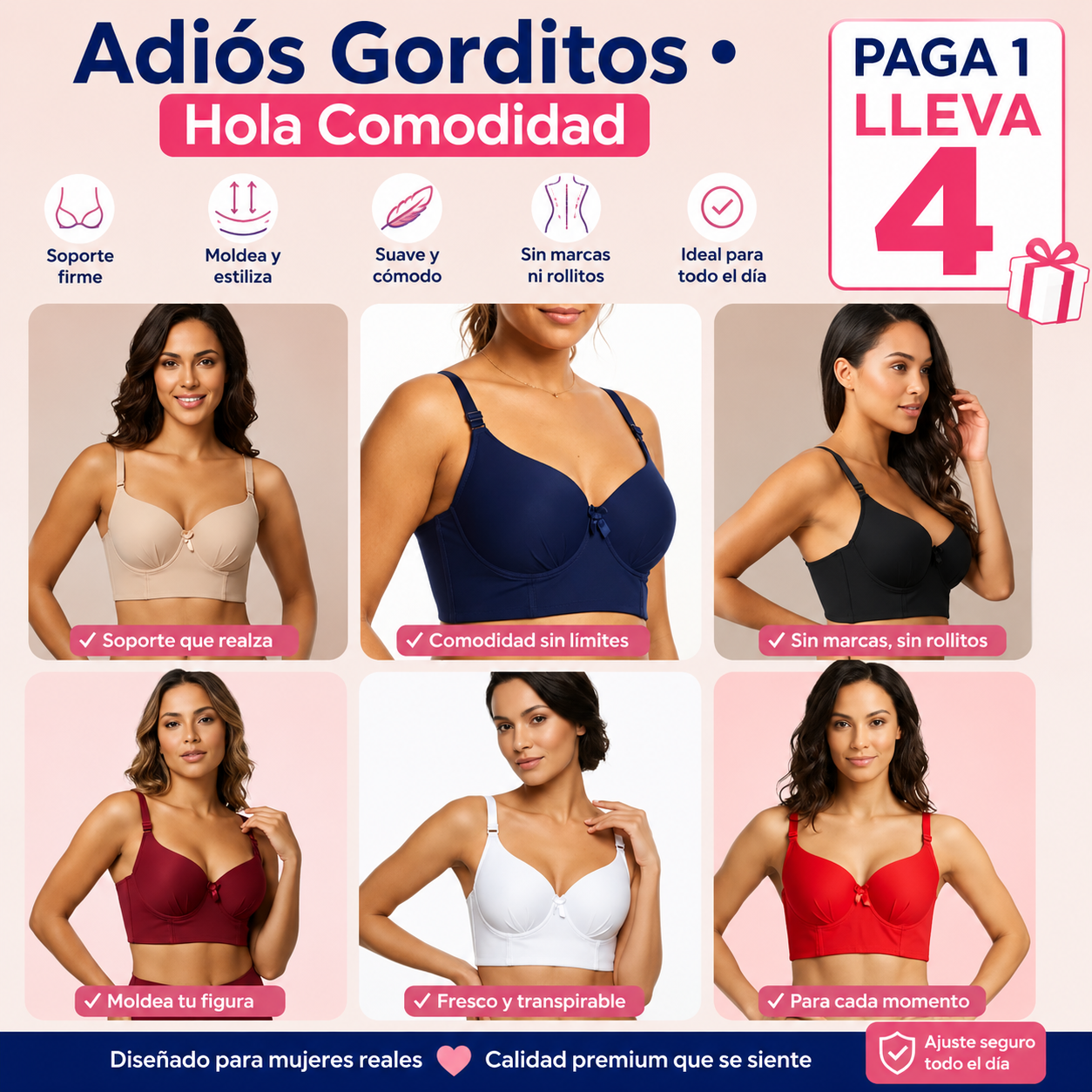 Paga 1 Lleva 4 Brasier Push Up Corrector de Postura con 8 Broches