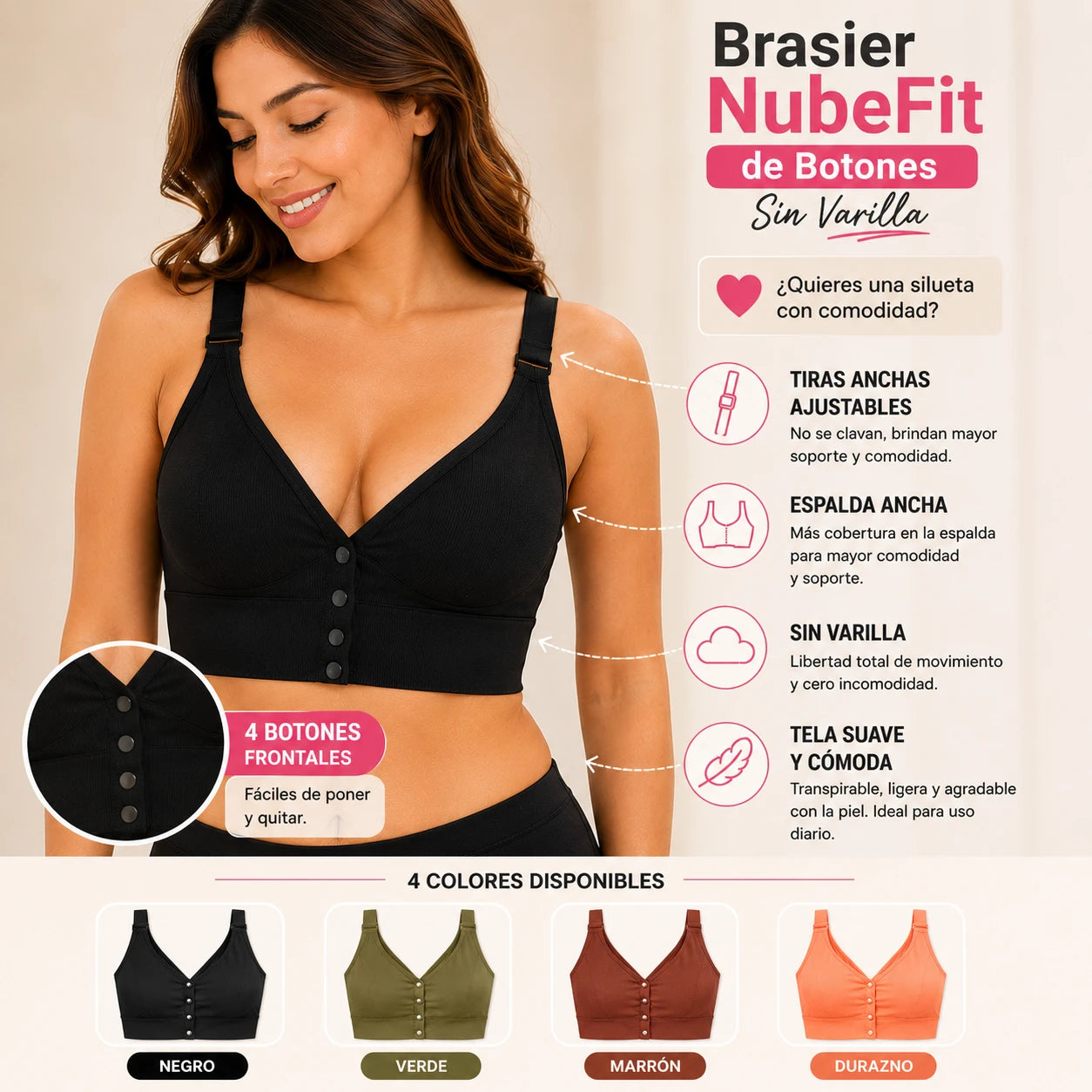 Brasier NubeFit Sin Varilla de Botones – Paga 1 Lleva 4