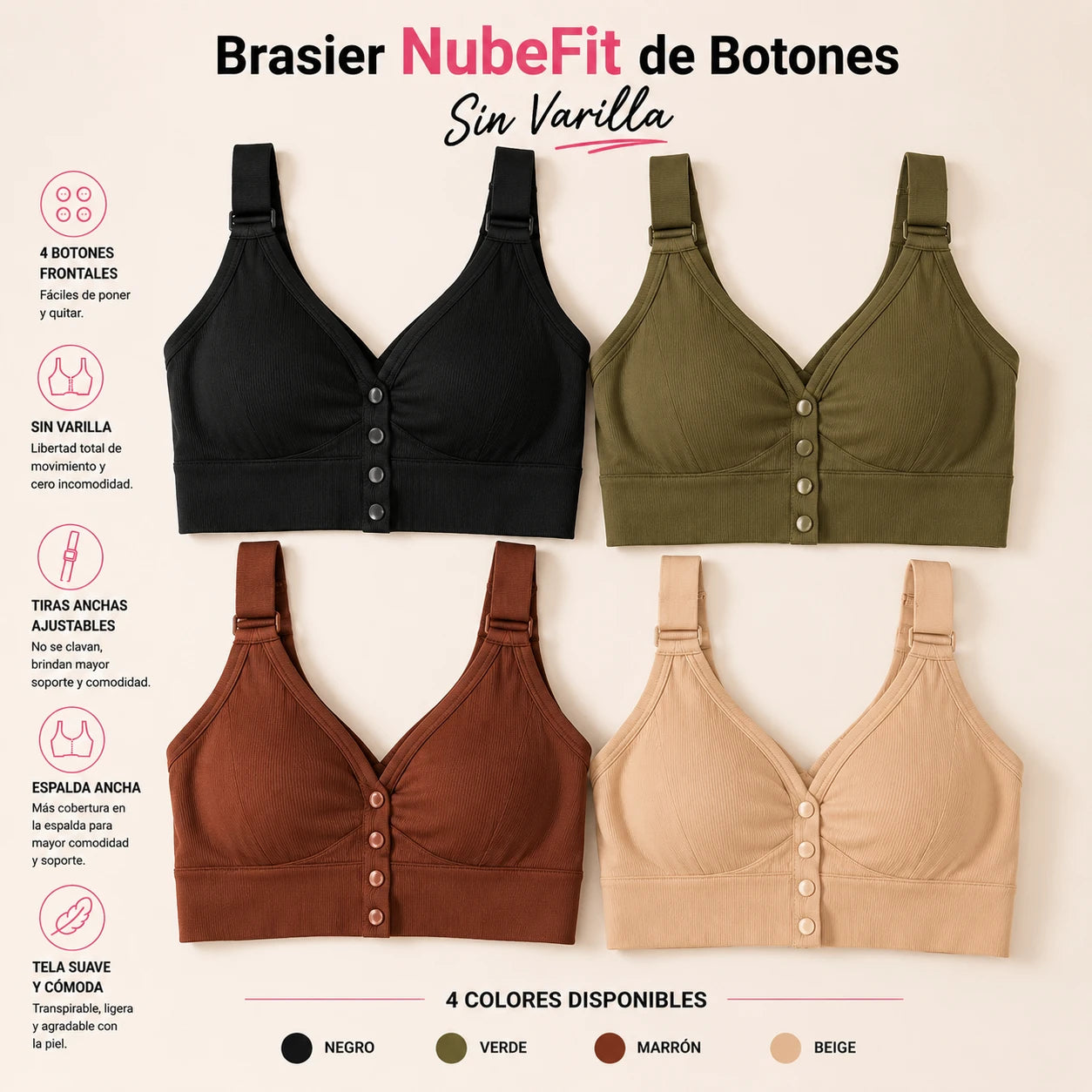 Brasier NubeFit Sin Varilla de Botones – Paga 1 Lleva 4