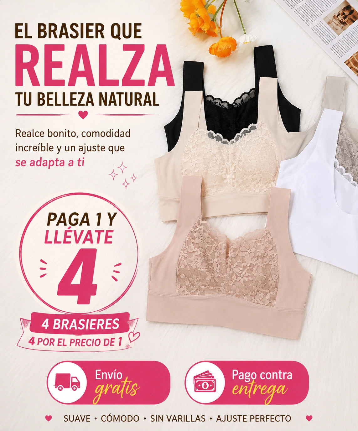 Brasier con realce y soporte natural extra cómodo - Paga 1 lleva 4