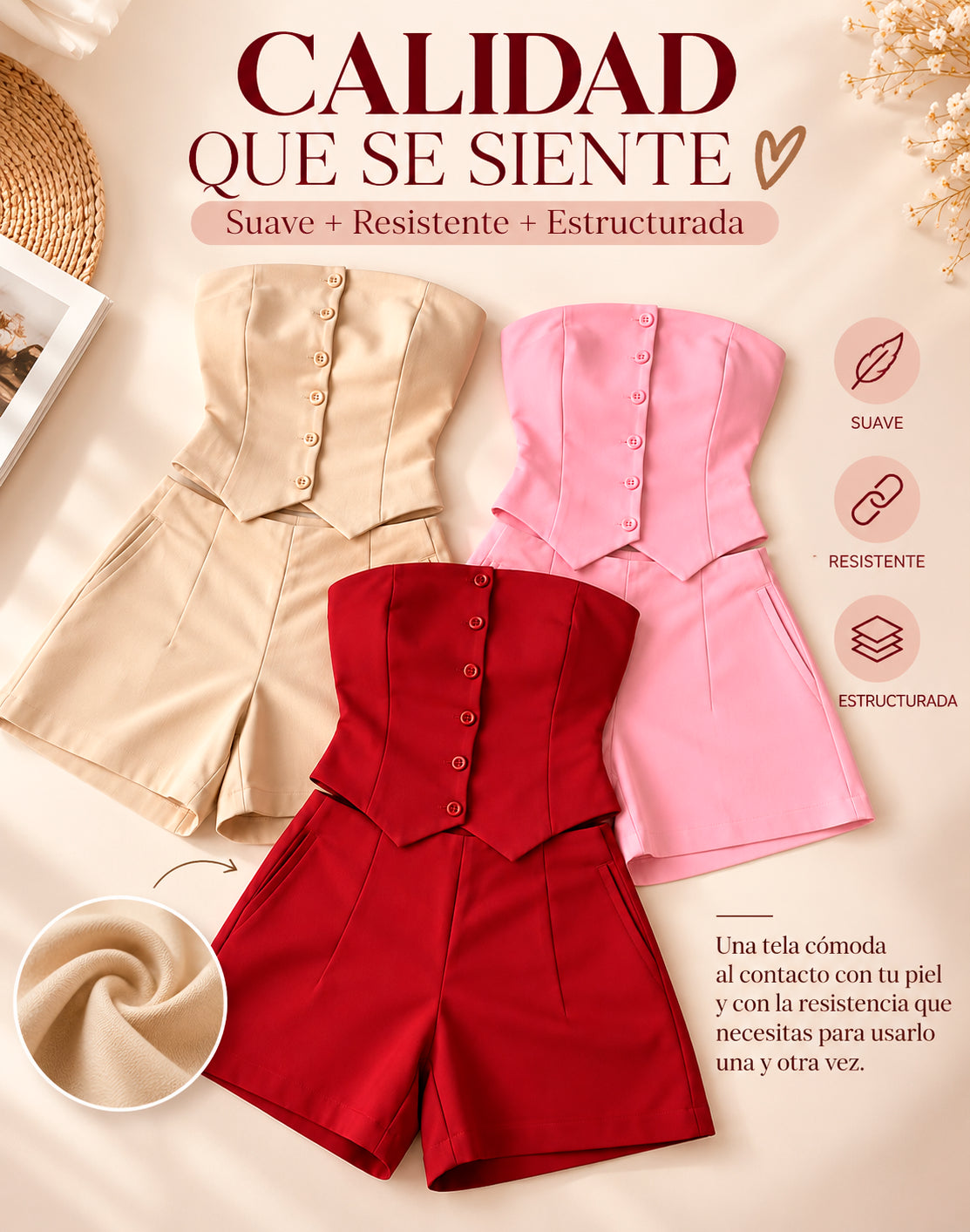 ✨Hermoso conjunto de 2 piezas - Blusa strapless + Short👌